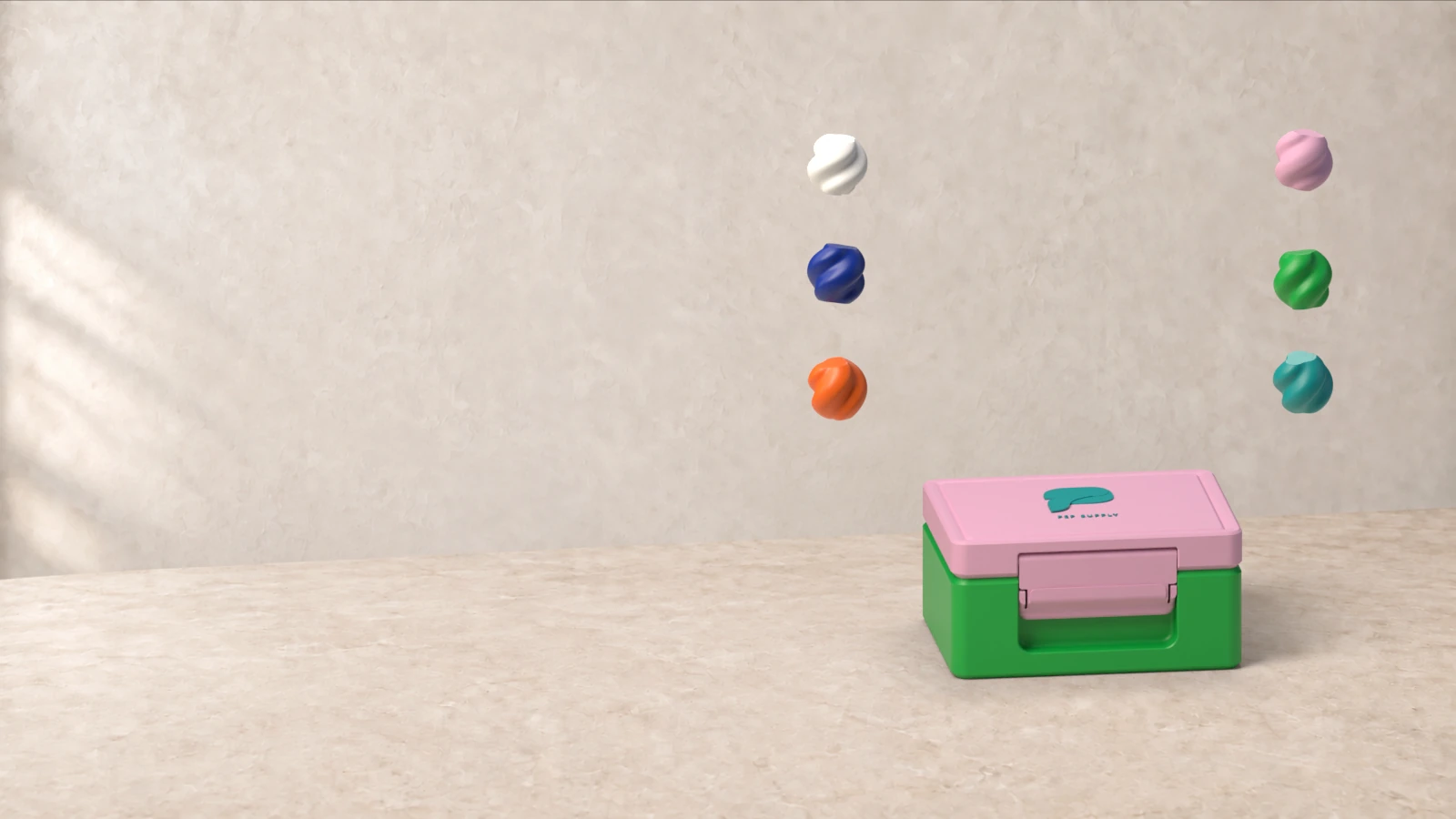 A rotating case in the workshop. Six material samples independently color its body, lid and PepSupply signature.